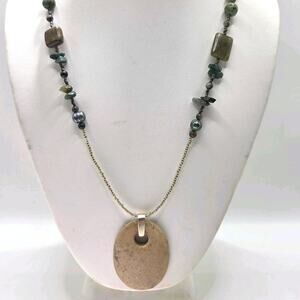 Boho Polished Stone Necklace Oval Medallion Dark Gold Tone Chain Beachy Earth